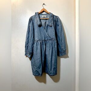 Ruffle-Collar Faux-Wrap Dress: TENCEL™ Denim Edition